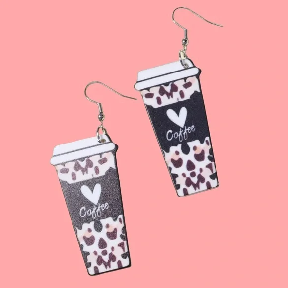 NEW! Leopard Print Coffee Cup Earrings - Picture 1 of 2